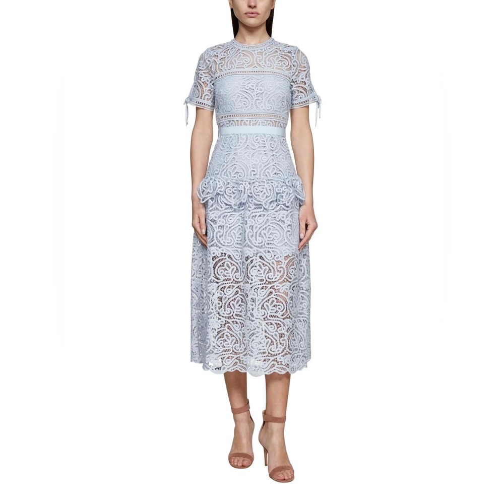 Self Portrait Blue Abstract Guipure Midi Dress Size US 10 / UK 14